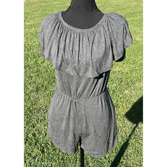 Ruffle Romper Womens Gray Off Shoulder Elastic Waist Knit Jersey Playsuit Casual - Picture 1 of 10